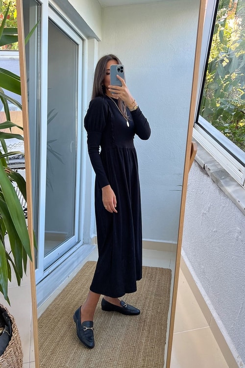 Topshop Siyah Uzun Kollu Fırfırlı Elbise
