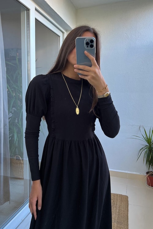 Topshop Siyah Uzun Kollu Fırfırlı Elbise