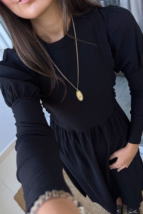 Topshop Siyah Uzun Kollu Fırfırlı Elbise