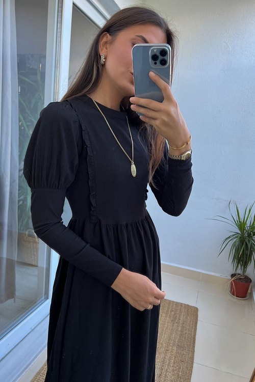 Topshop Siyah Uzun Kollu Fırfırlı Elbise
