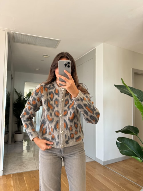 Turuncu Gri Leopar Desen Şardonlu Hırka