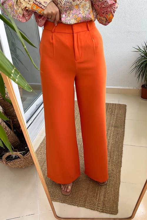 Turuncu Kapak Cepli Kumaş Pantolon