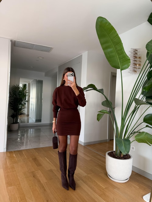 Üstü Dökümlü Penye Elbise - Kahve