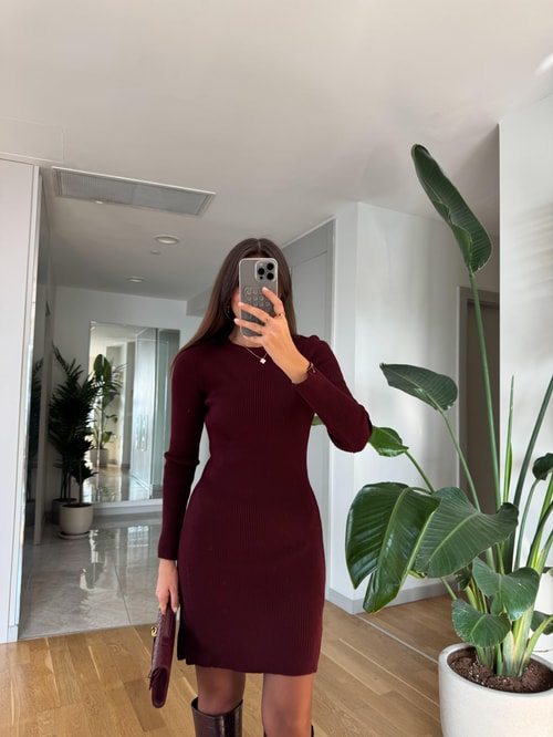 Uzun Kollu Basic Triko Elbise-Bordo