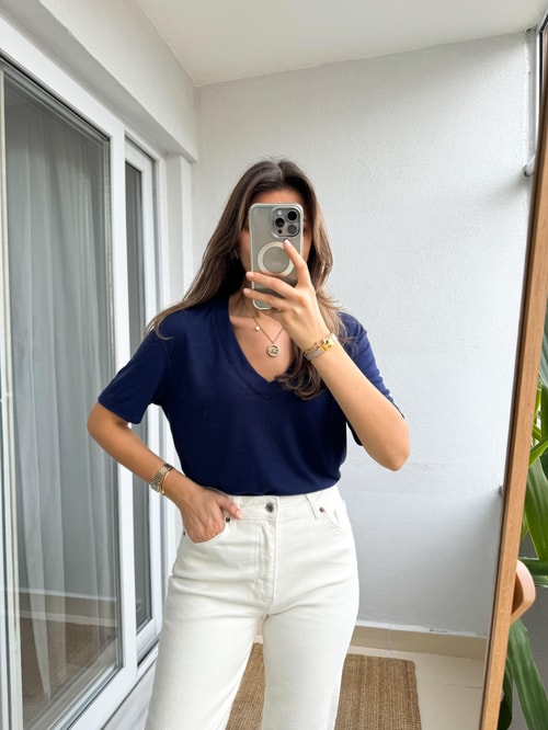 V Yaka Massi Örme Bluz-Lacivert