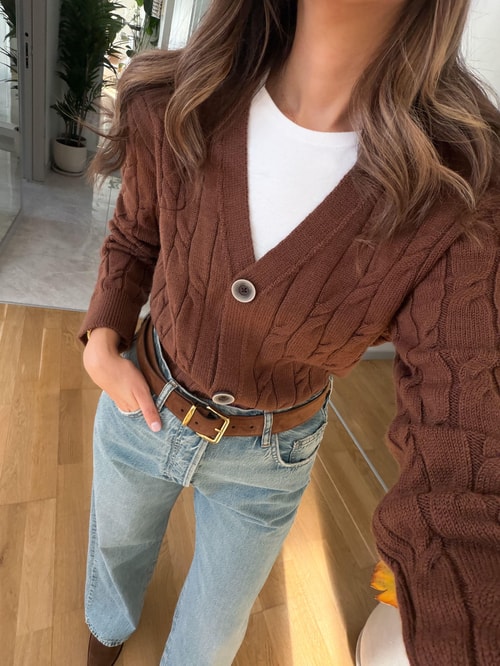 V Yaka Saç Örgülü Hırka - Kahve