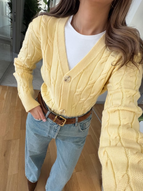 V Yaka Saç Örgülü Hırka - Sarı 