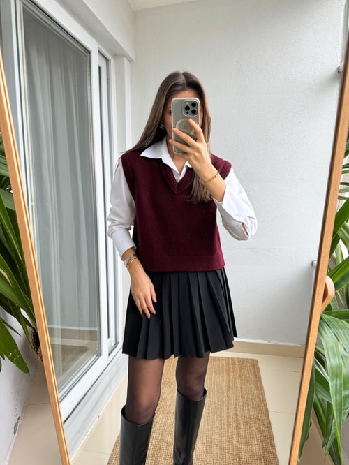 V Yaka Süveter -Bordo
