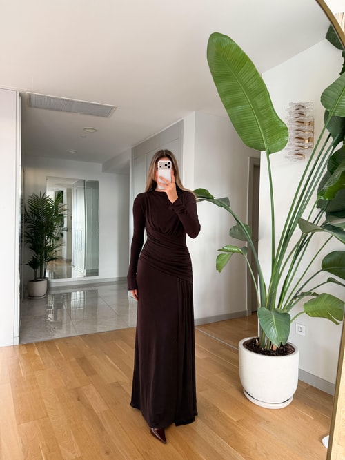 Vatkalı Beli Drape Detaylı Elbise - Kahve