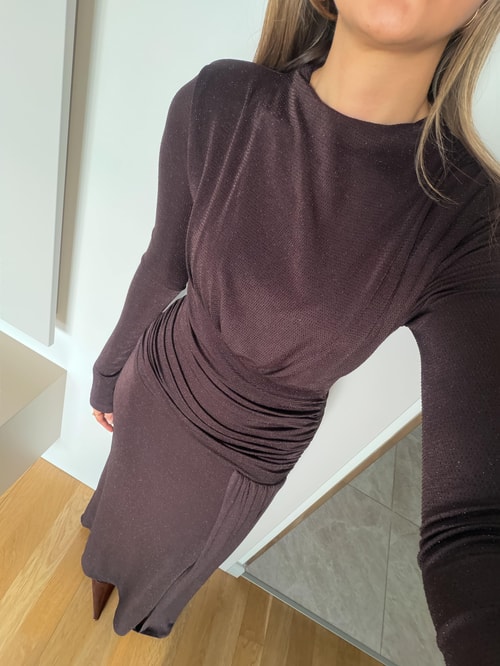 Vatkalı Beli Drape Detaylı Elbise - Kahve