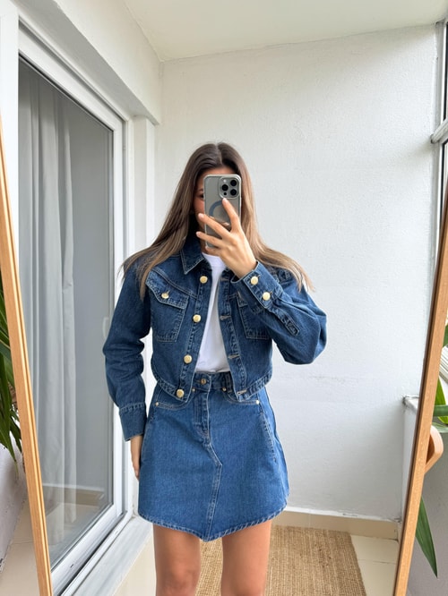 Vatkalı Gold Düğmeli Denim Ceket