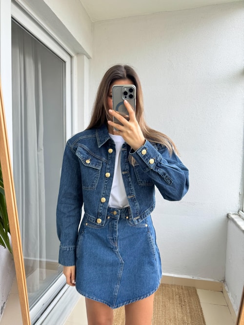 Vatkalı Gold Düğmeli Denim Ceket