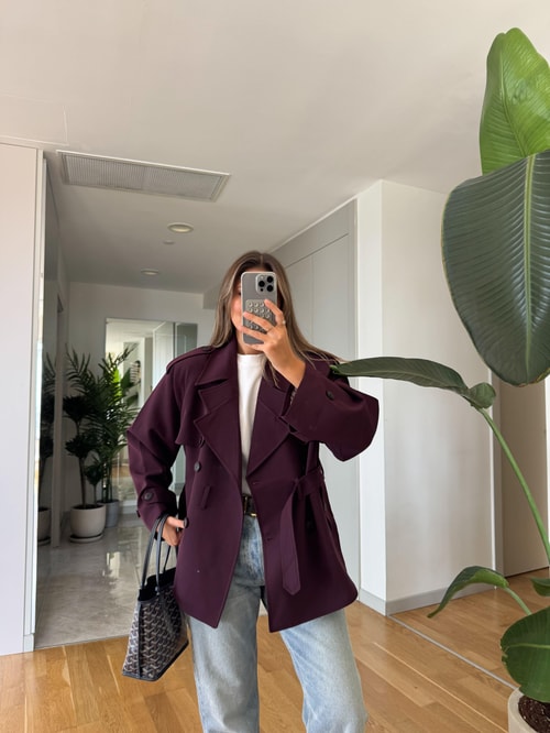 Vatkalı Kareli Astarlı Trençkot - Mürdüm