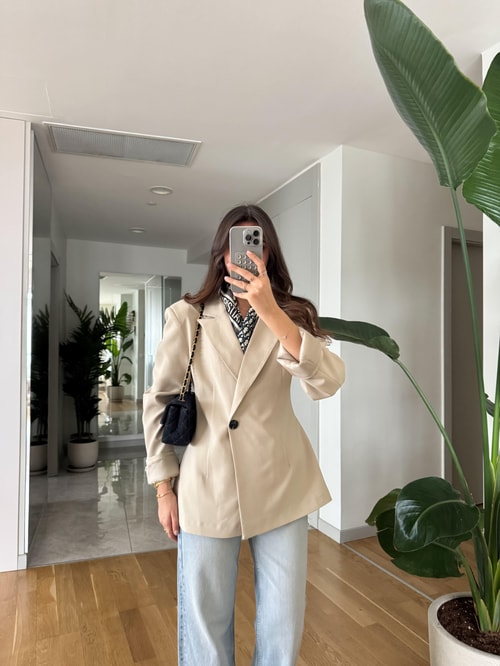 Vatkalı Tek Düğmeli Belden Oturan Blazer - Bej