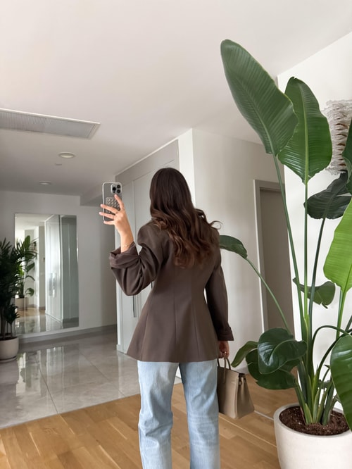 Vatkalı Tek Düğmeli Belden Oturan Blazer -Kahve