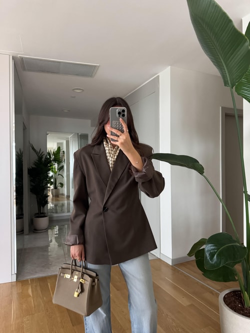 Vatkalı Tek Düğmeli Belden Oturan Blazer -Kahve