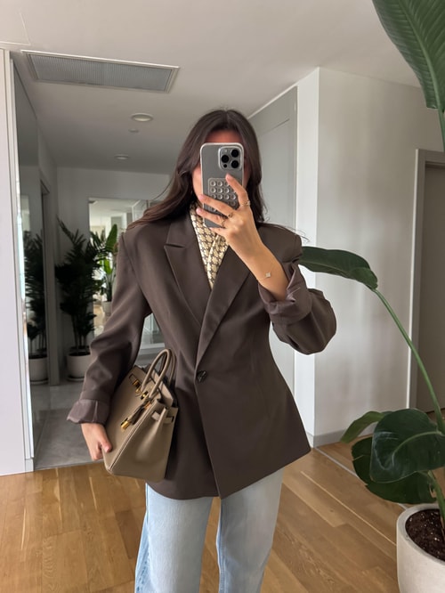 Vatkalı Tek Düğmeli Belden Oturan Blazer -Kahve