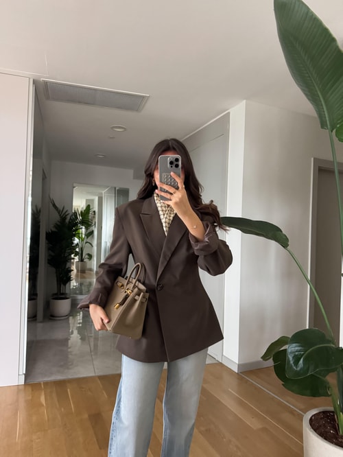 Vatkalı Tek Düğmeli Belden Oturan Blazer -Kahve