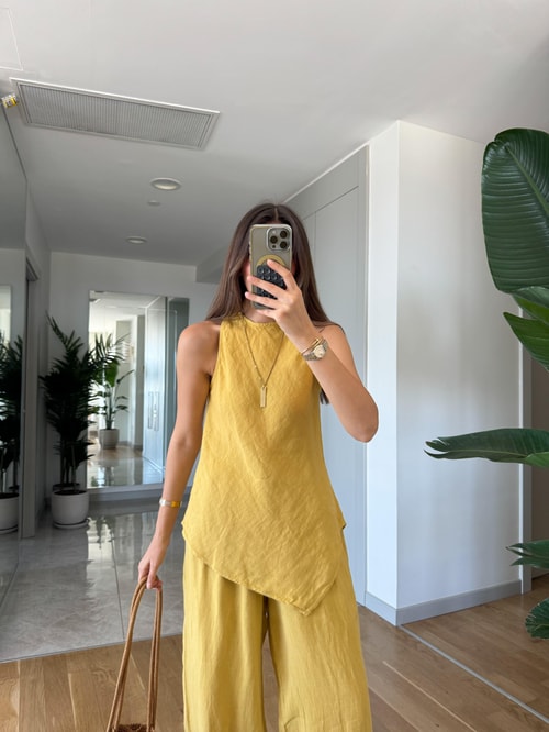 Verev Kesim Bluzlu Pantolon Keten Takım-Sarı