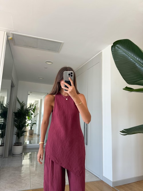 Verev Kesim Bluzlu Pantolon Keten Takım-Bordo