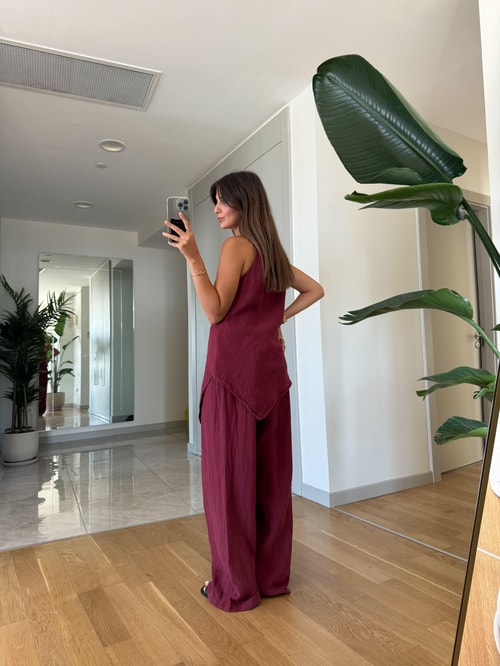 Verev Kesim Bluzlu Pantolon Keten Takım-Bordo