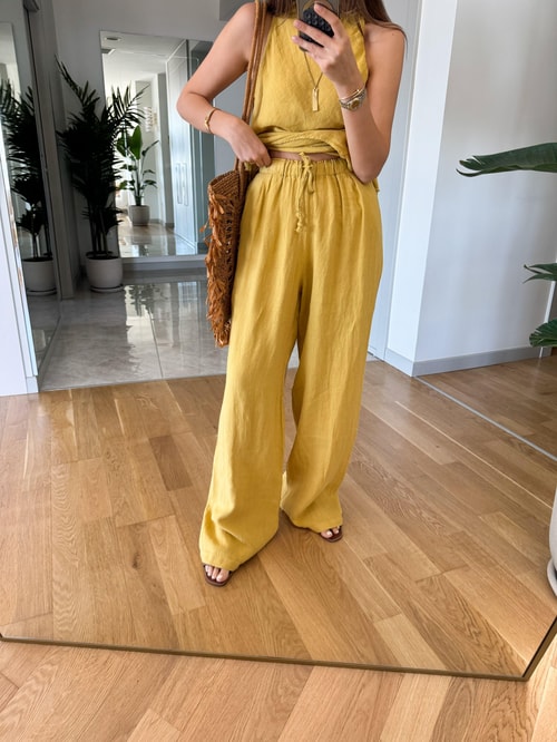 Verev Kesim Bluzlu Pantolon Keten Takım-Sarı