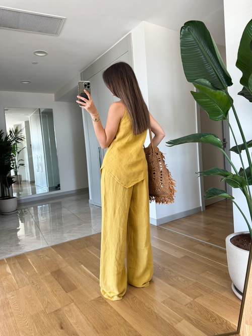 Verev Kesim Bluzlu Pantolon Keten Takım-Sarı