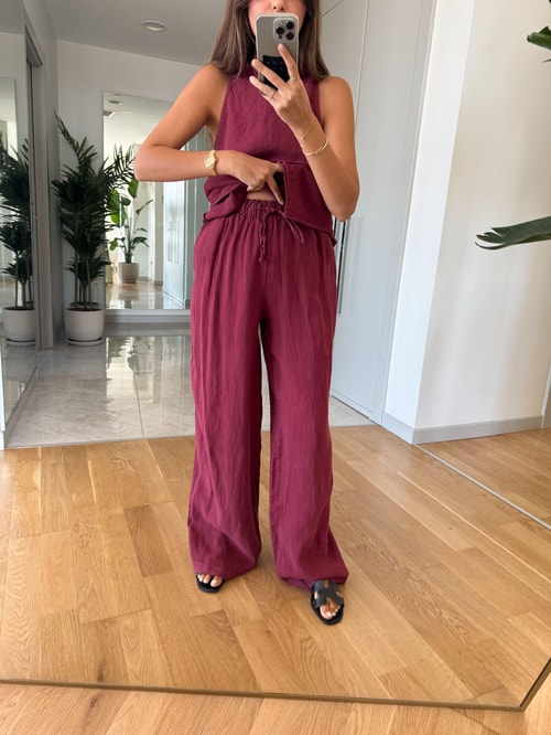 Verev Kesim Bluzlu Pantolon Keten Takım-Bordo