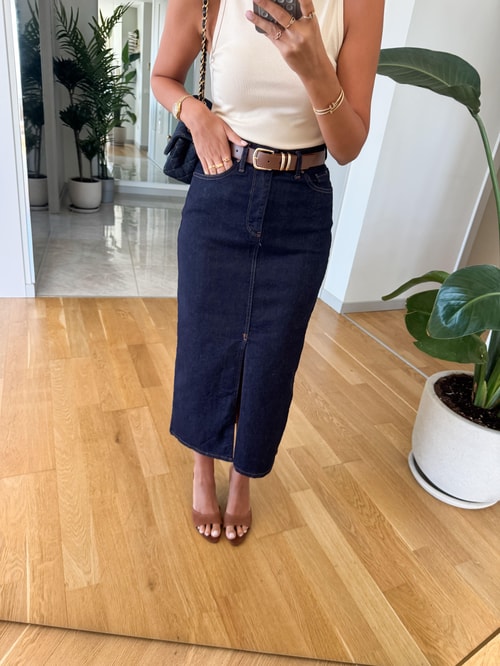 Victoria Kemerli Yırtmaçlı Denim Etek - Koyu Lacivert