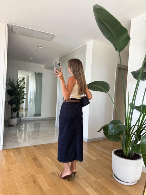 Victoria Kemerli Yırtmaçlı Denim Etek - Koyu Lacivert