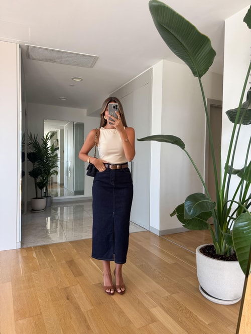 Victoria Kemerli Yırtmaçlı Denim Etek - Koyu Lacivert