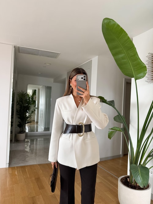 Wright Kalın Kemerli Ceket - Beyaz