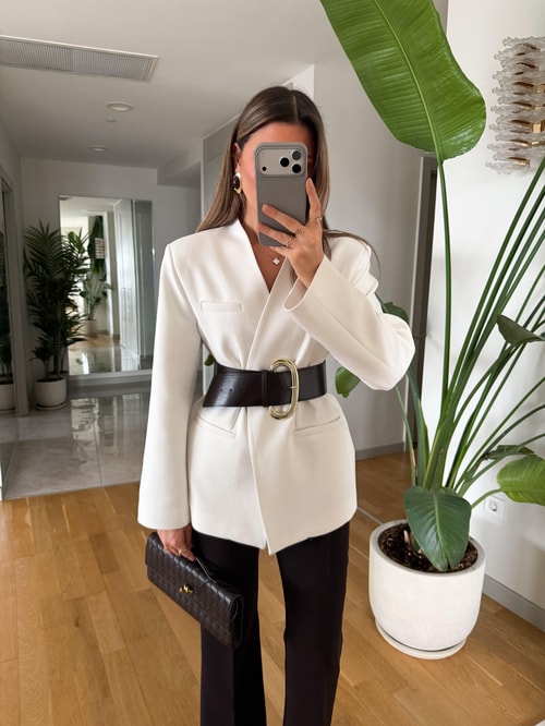 Wright Kalın Kemerli Ceket - Beyaz