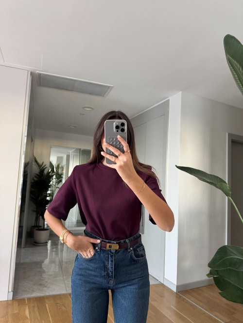 Xia Vatkalı Tok Dokulu Premium Tişört-Bordo