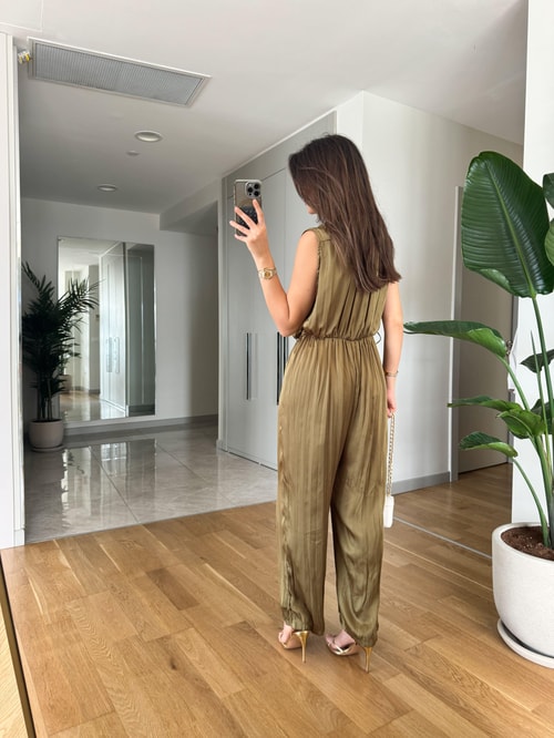 Yağ Yeşili Buruşuk Kumaş Tulum