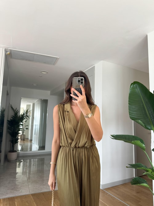 Yağ Yeşili Buruşuk Kumaş Tulum