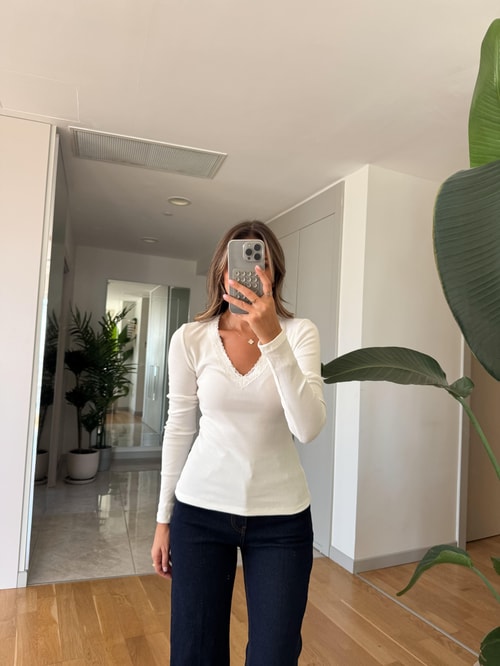 Yakası Dantelli Basic Badi - Ekru