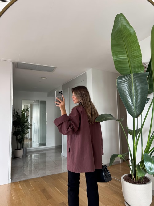 Yakası Deri Detaylı Oversize Trençkot - Gül Kurusu  