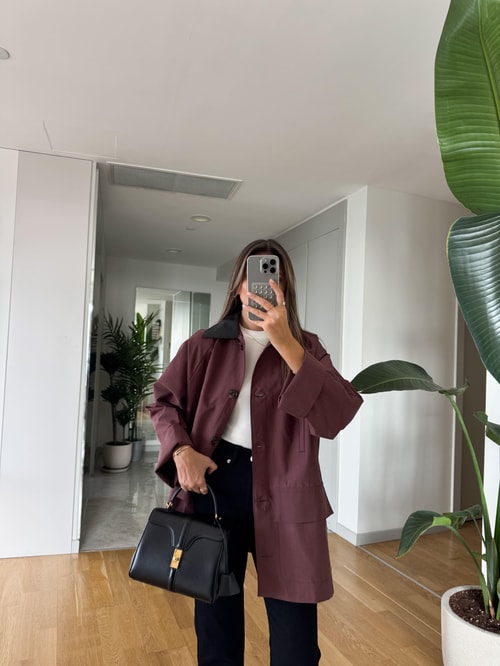 Yakası Deri Detaylı Oversize Trençkot - Gül Kurusu  