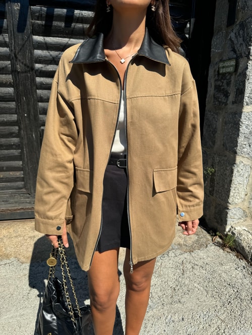 Yakası Deri Detaylı Parka- Camel