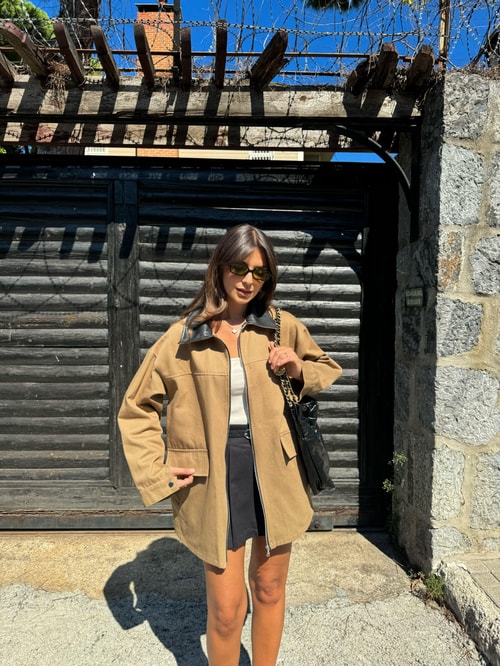 Yakası Deri Detaylı Parka- Camel