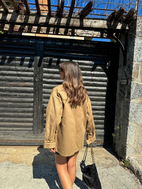 Yakası Deri Detaylı Parka- Camel