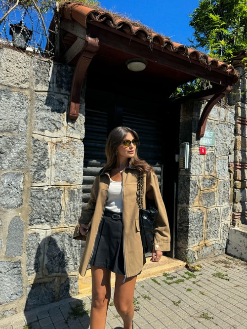 Yakası Deri Detaylı Parka- Camel