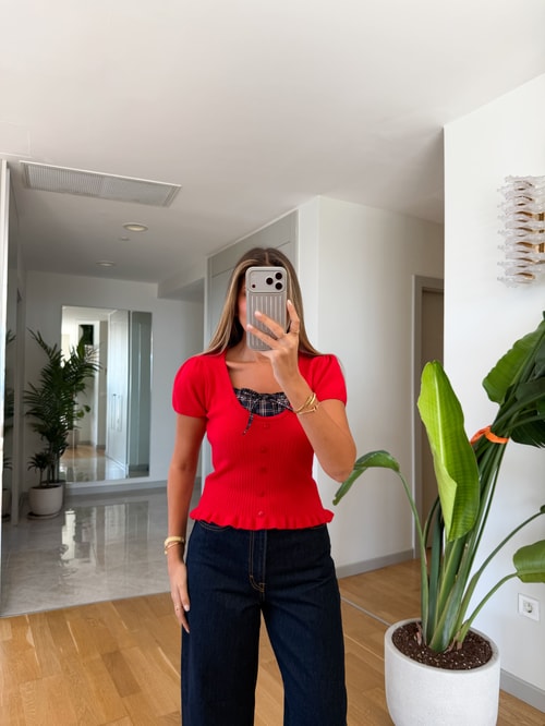 Yakası Ekose Detaylı Triko Bluz - Kırmızı 