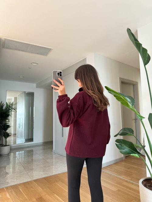 Yakası Fermuarlı İçi Şardonlu Sweat-Bordo