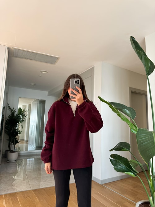 Yakası Fermuarlı İçi Şardonlu Sweat-Bordo