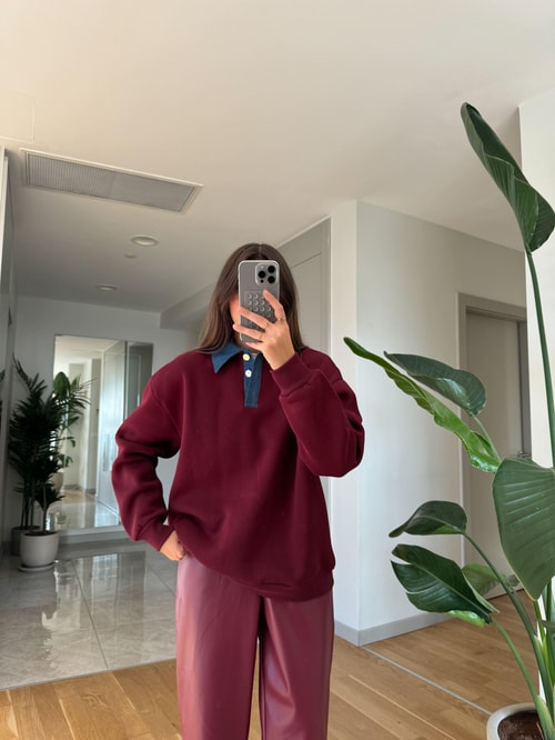 Yakası Kot Garnili Sweat-Bordo
