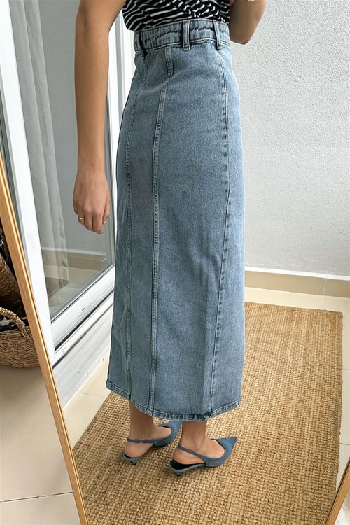 Yandan Düğmeli Midi Jean Etek