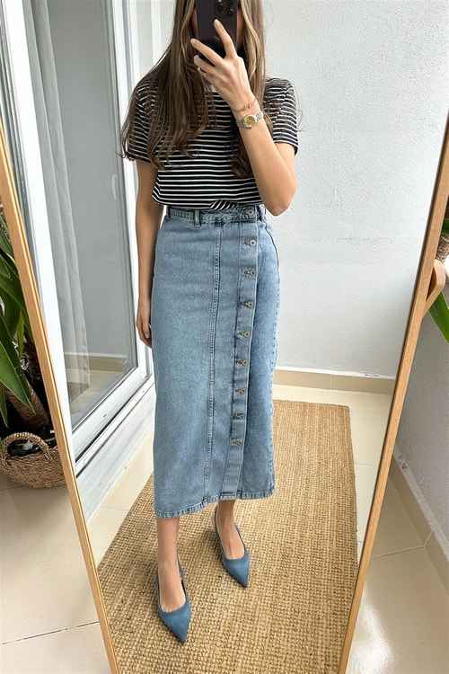 Yandan Düğmeli Midi Jean Etek