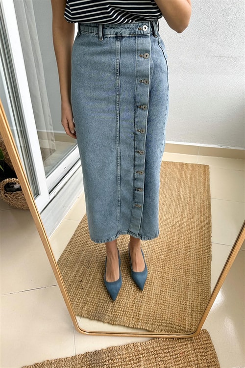 Yandan Düğmeli Midi Jean Etek